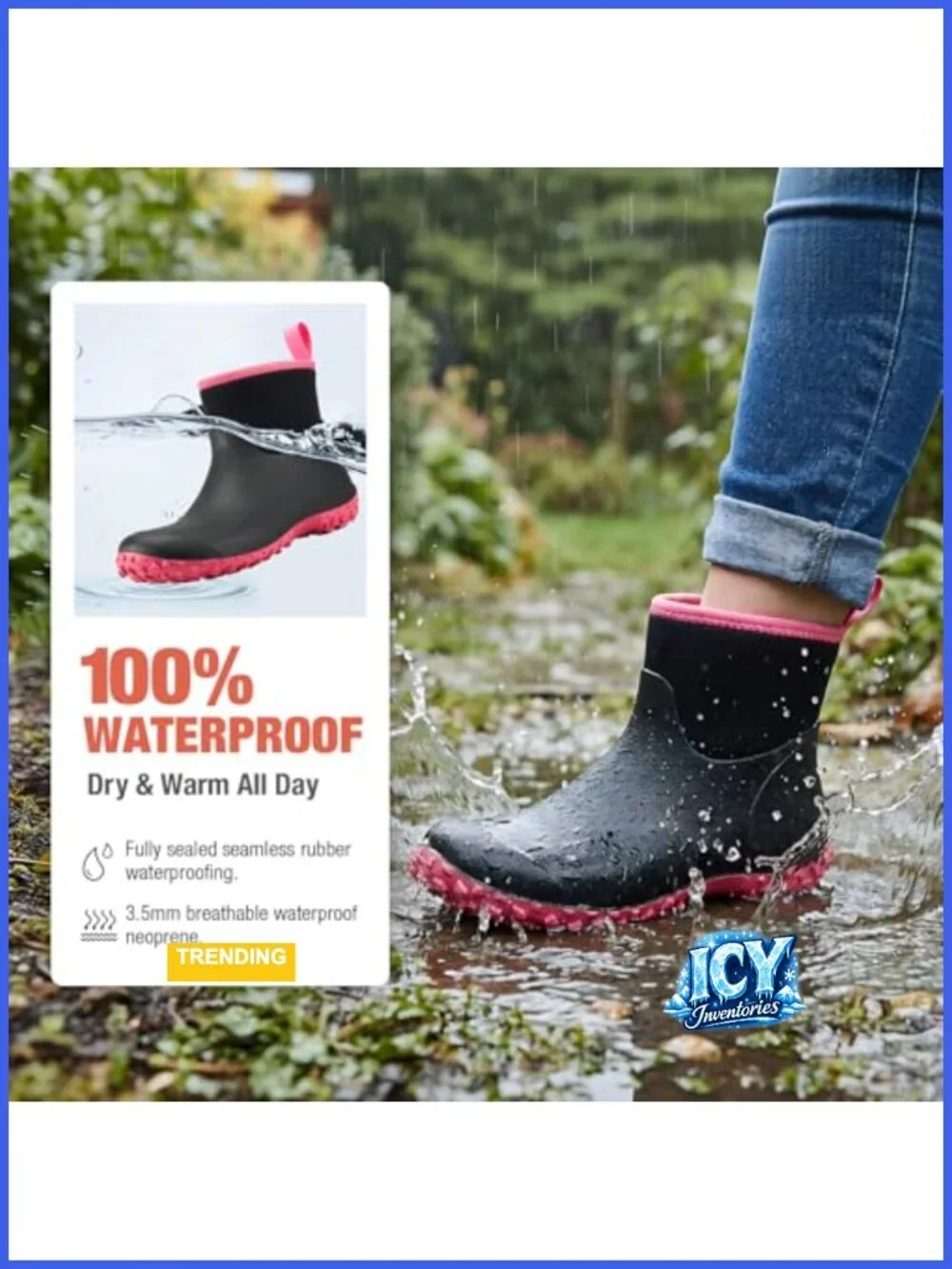 Women's Waterproof Rubber Ankle Rain Boots Insulated Neoprene Anti-Slip Mud